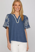 Load image into Gallery viewer, She + Sky Denim Blue Floral Sleeve Top
