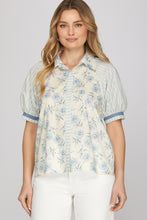 Load image into Gallery viewer, She + Sky Light Blue Floral + Stripe Top
