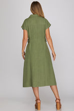 Load image into Gallery viewer, She + Sky Olive Button Up Midi Dress
