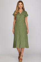 Load image into Gallery viewer, She + Sky Olive Button Up Midi Dress
