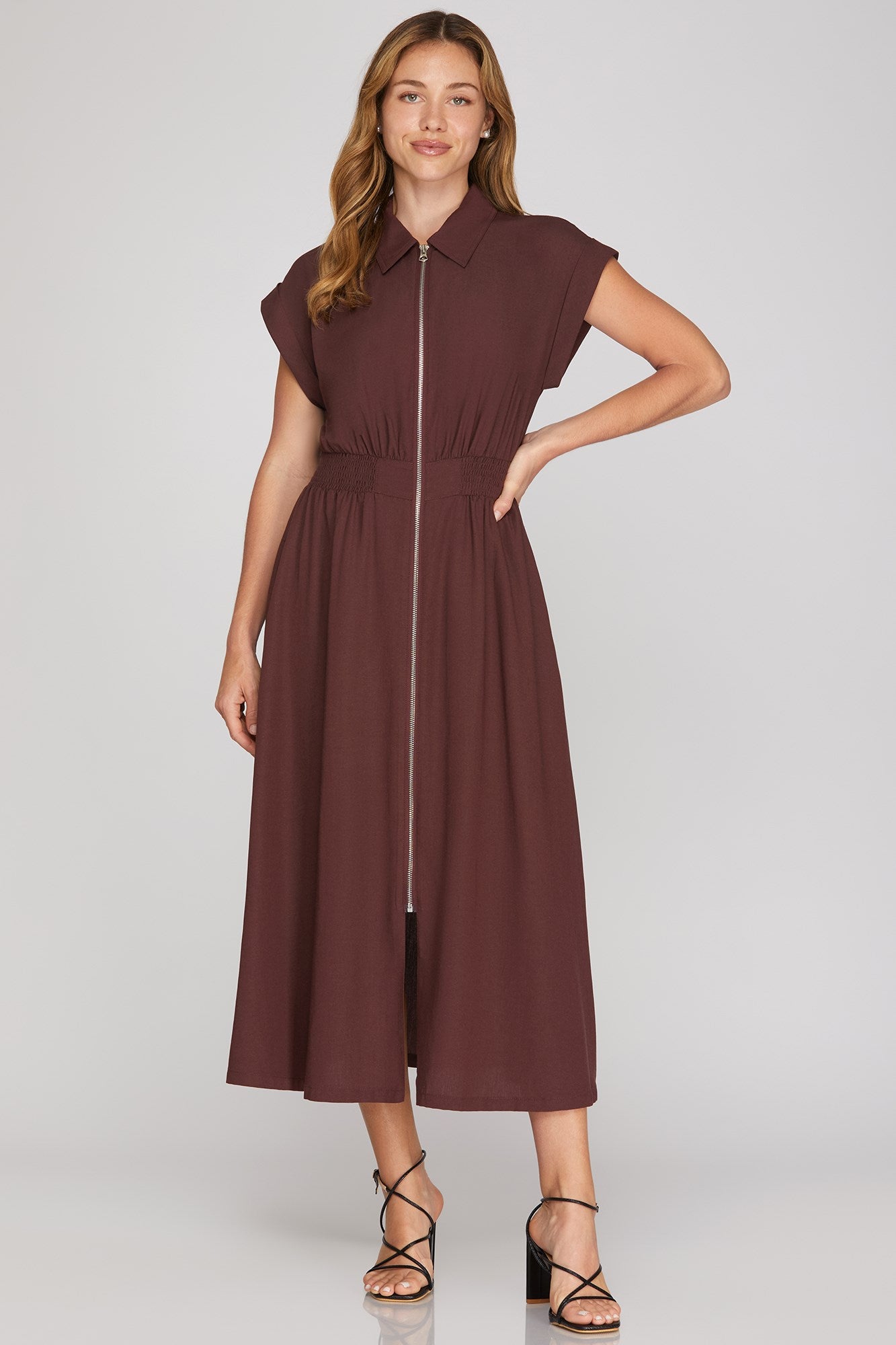 she and sky midi dress She + Sky Drop Sleeve Collared Zip Up in Maroon, Size Small, Cotton/Nylon from Aggieland Outfitters Harmony Waist 35 Tropical Black Printed Maxi Size:12/US 8