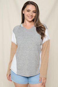 Grey + Tan Blocked Top - Plus