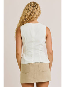 White Asymmetric Button Top