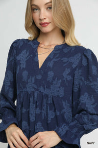 Navy Jacquard Babydoll Dress
