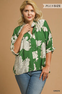 Green Peony Floral Top - Plus
