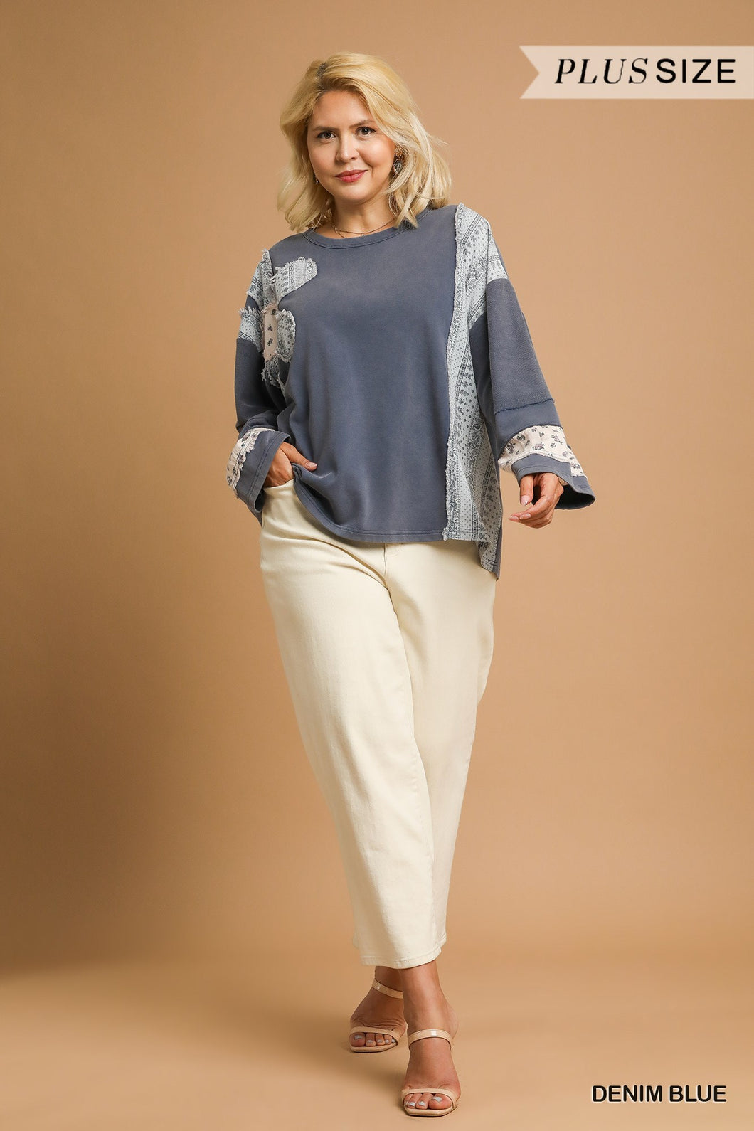 Denim Patchwork Pullover - Plus