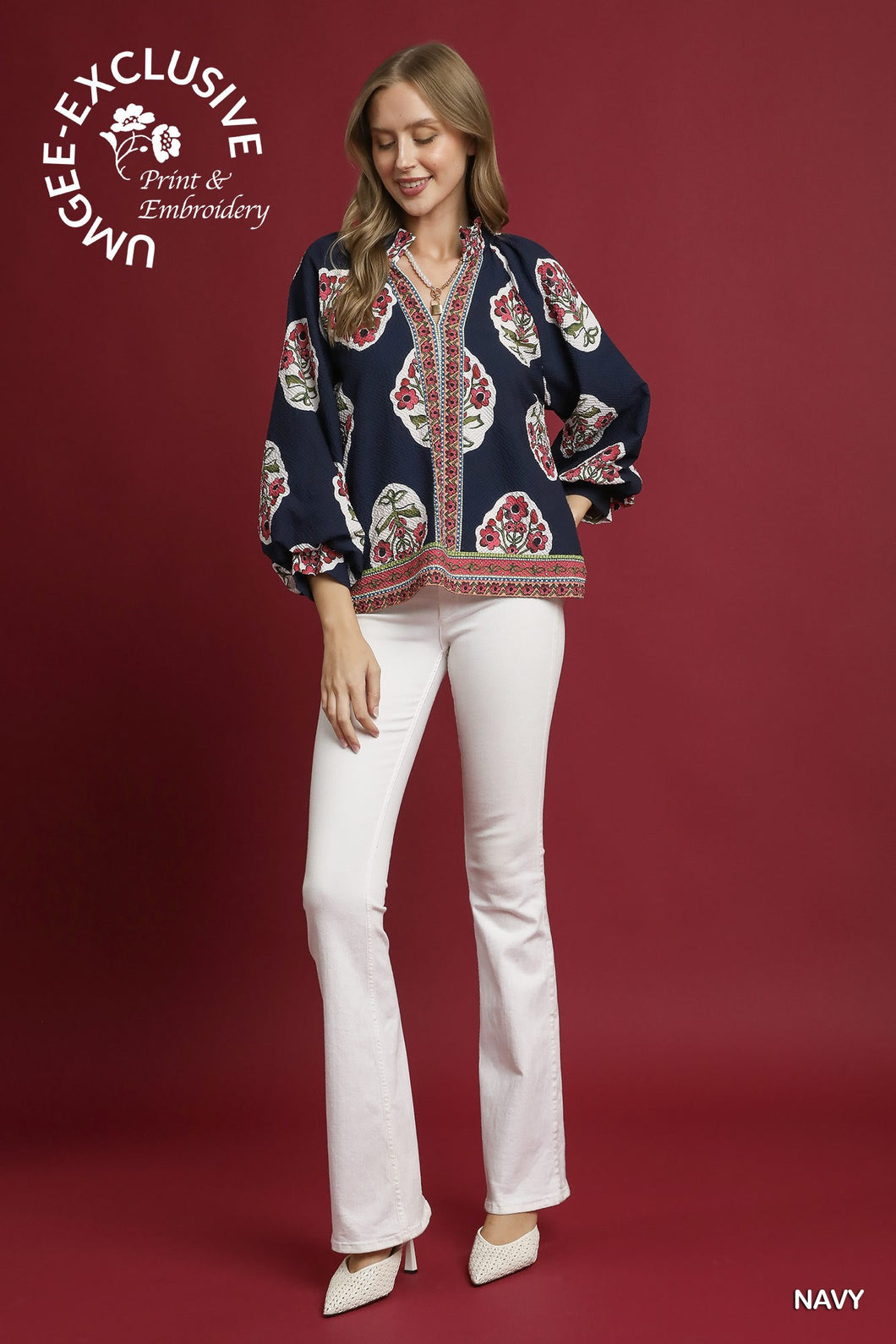 Navy Boho Floral Top