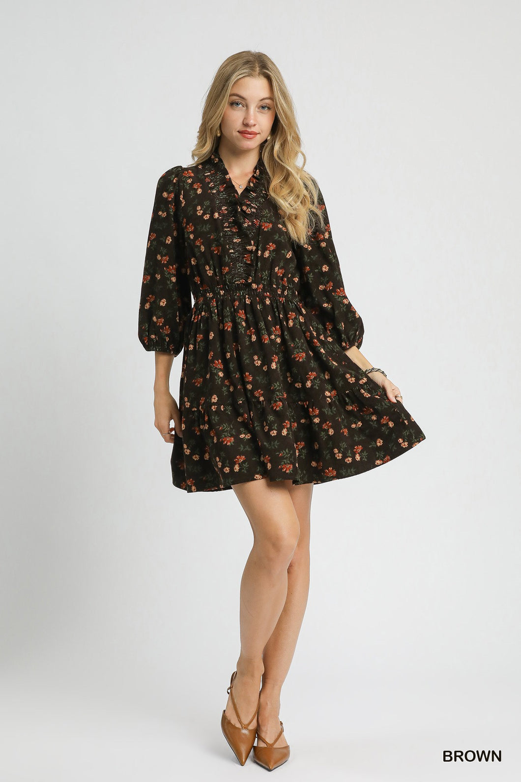 Floral Ruffle Corduroy Dress