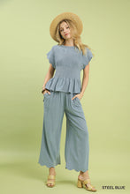 Load image into Gallery viewer, Umgee Steel Blue Scalloped Wide Linen Pants
