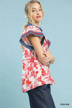 Load image into Gallery viewer, Umgee Red + Pink Floral Denim Trim Top
