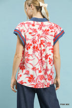 Load image into Gallery viewer, Umgee Red + Pink Floral Denim Trim Top
