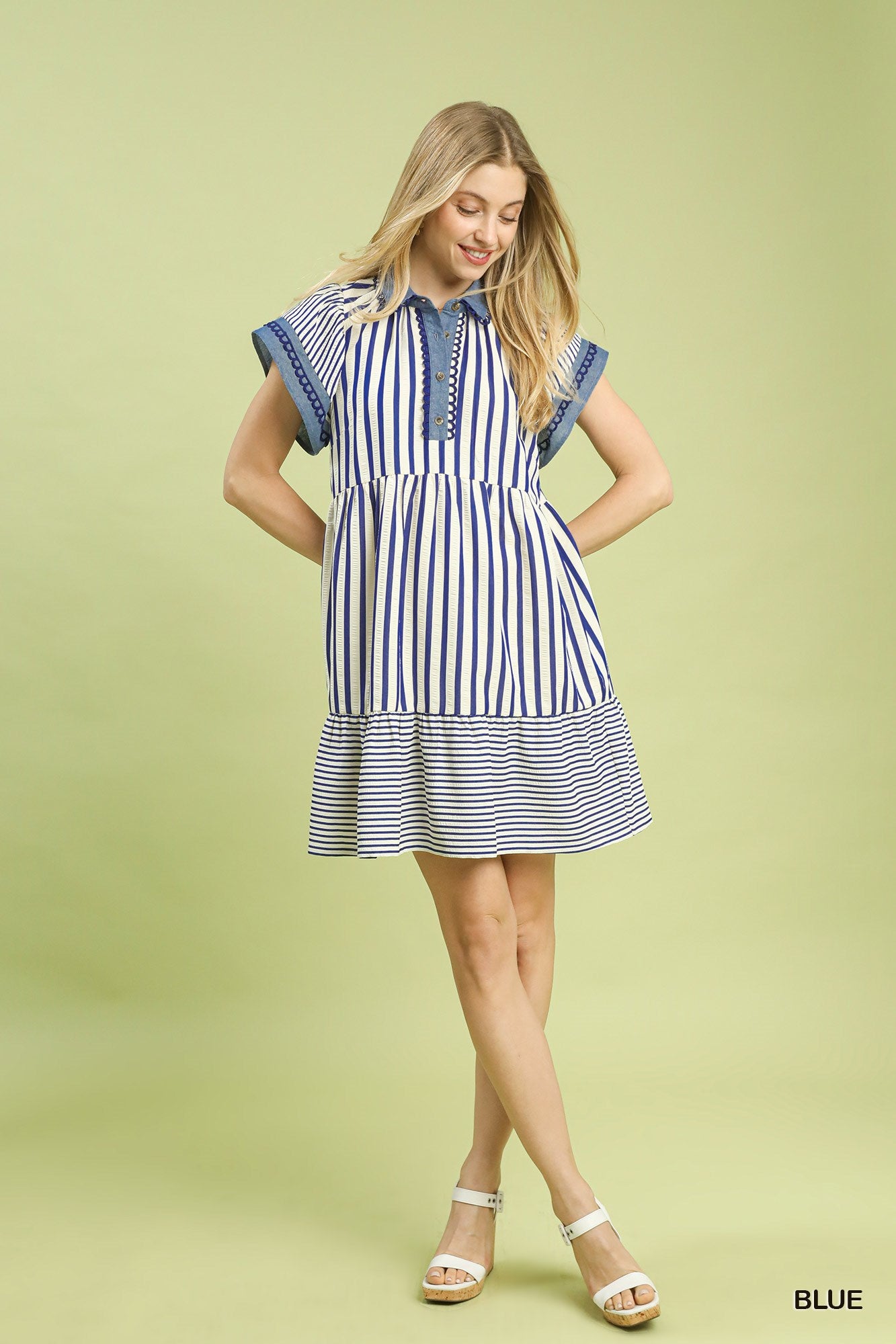 Umgee Denim Trim Blue Stripe Dress – Adorn Boutique MI