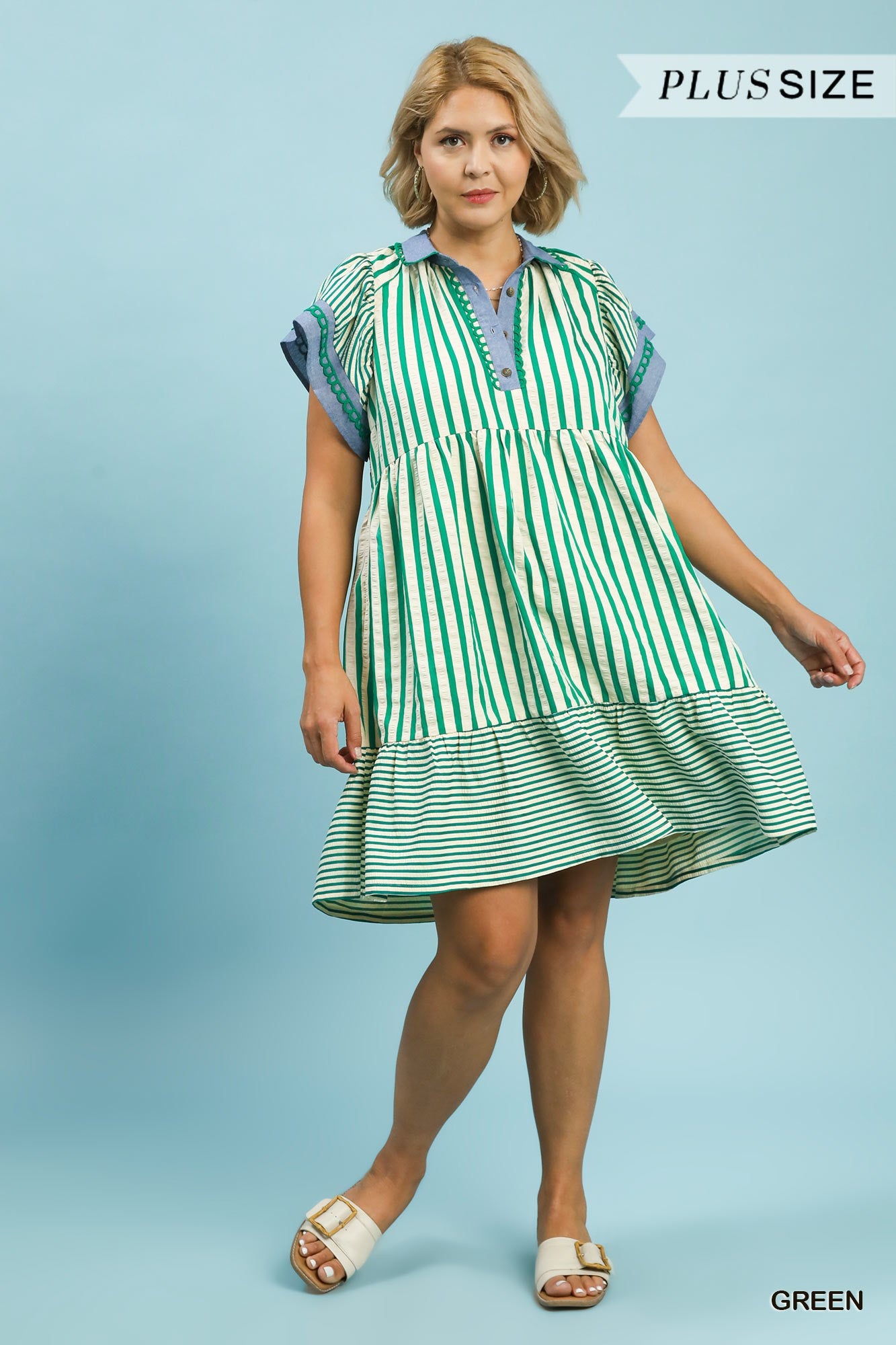 Umgee Green Denim Trim Dress