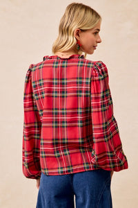 BiBi Red Plaid Balloon Sleeve Top