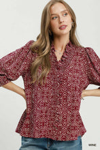 Load image into Gallery viewer, Wine Ruffle Trim Print Top
