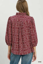 Load image into Gallery viewer, Wine Ruffle Trim Print Top
