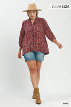 Load image into Gallery viewer, Wine Ruffle Trim Print Top - Plus
