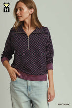 Load image into Gallery viewer, Navy + Pink Polka Dot Zip Pullover
