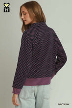 Load image into Gallery viewer, Navy + Pink Polka Dot Zip Pullover
