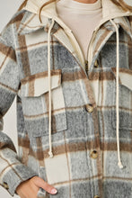 Load image into Gallery viewer, Grey + Tan Plaid Hoodie Jacket
