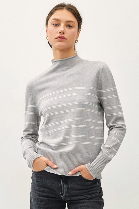 Grey Stripe Mock Neck Sweater