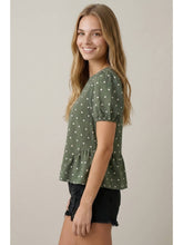 Load image into Gallery viewer, Olive Polka Dot Peplum Top
