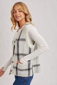 Fuzzy Ivory Plaid Sweater Vest