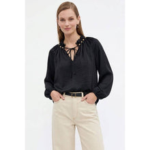 Load image into Gallery viewer, Black Beaded Tie Neck Top
