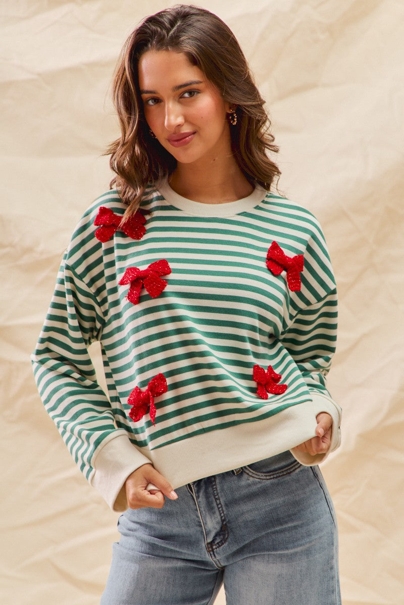 Green + Red Bow Stripe Pullover