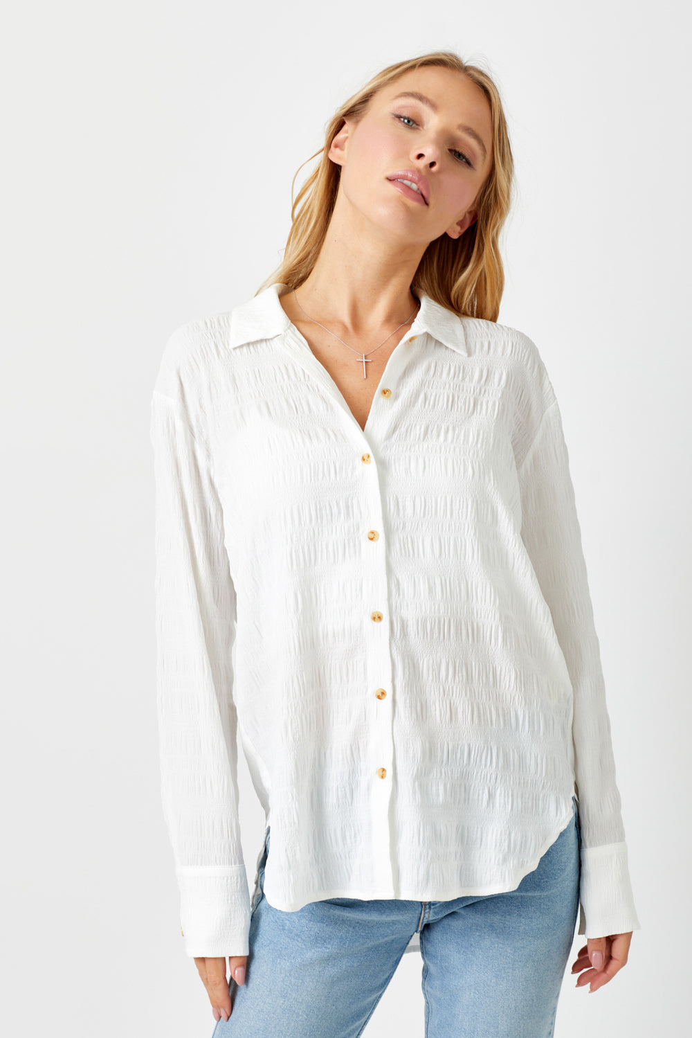 Off White Textured Button Top
