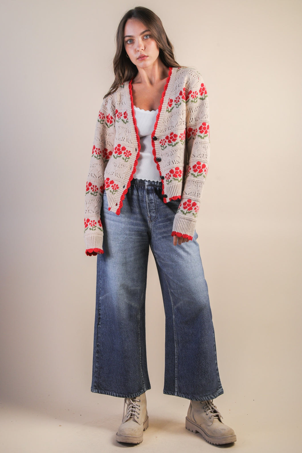 Red Floral Pointelle Cardigan