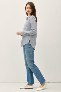Navy Striped Button Top