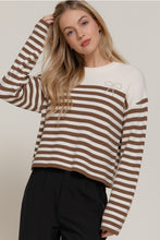 Load image into Gallery viewer, Mocha Stripe Pearl Bow Sweater
