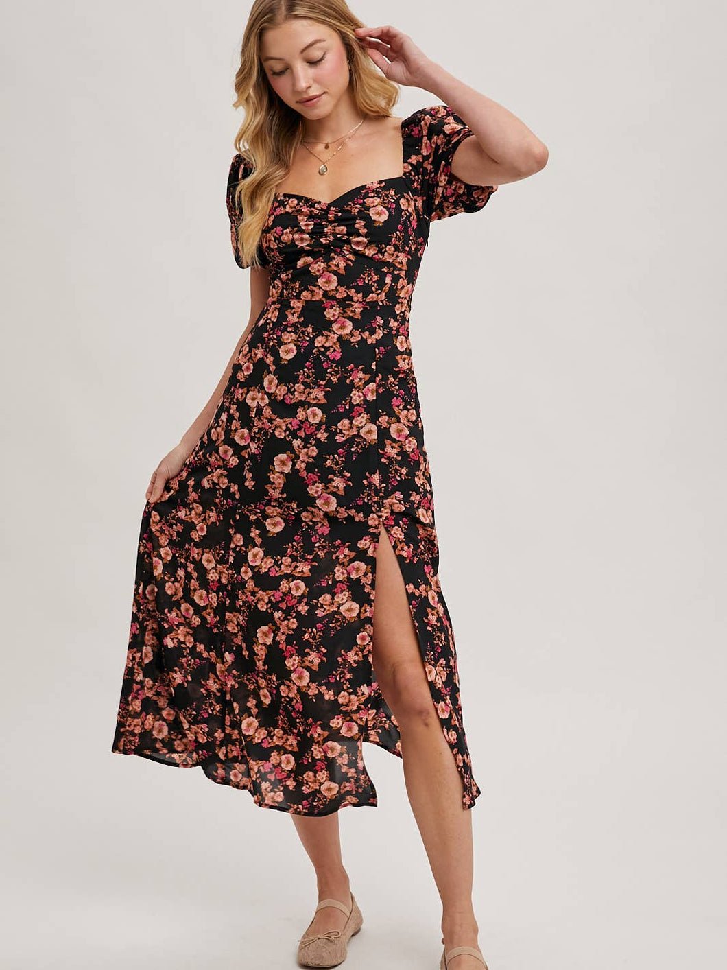 Pink Floral Midi Dress