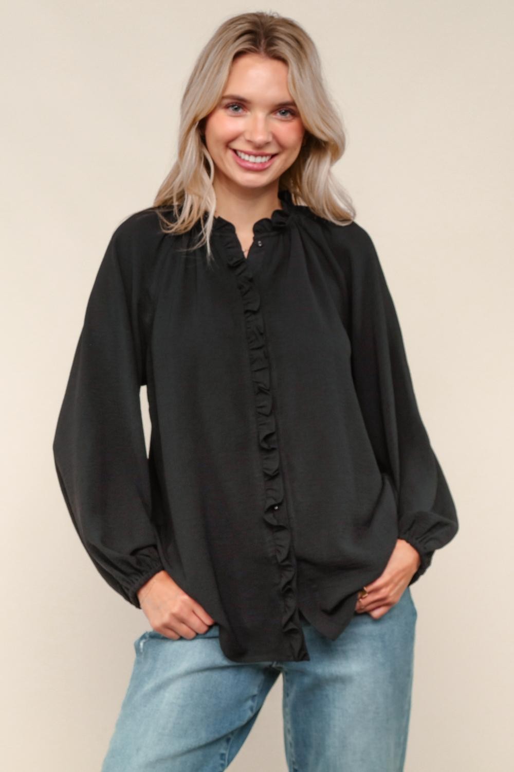 Black Ruffle Button Up Top