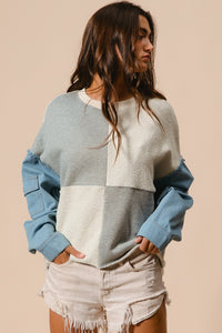 Grey + Ivory Blocked Denim Sleeve Top