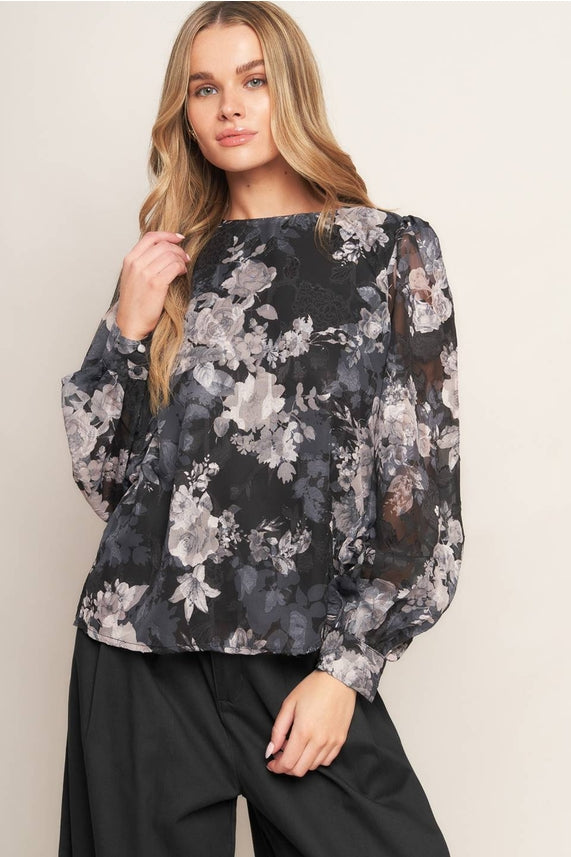 Black Floral Tie Back Top