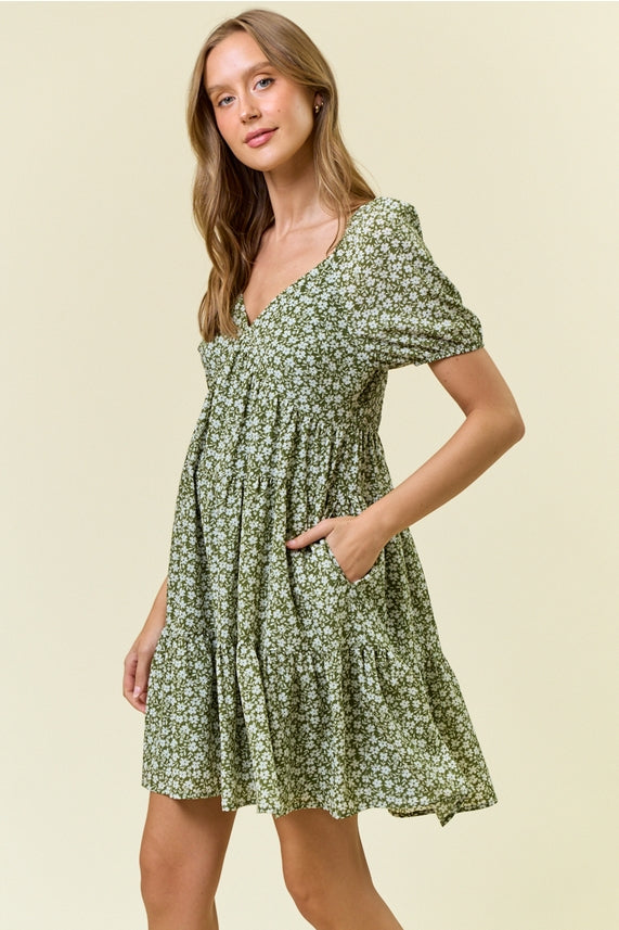 Olive Tiered Floral Dress