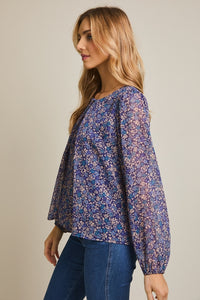 Blue Pleated Floral Top