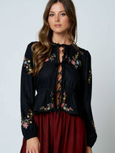 Load image into Gallery viewer, Black Floral Embroidered Tie Front Top
