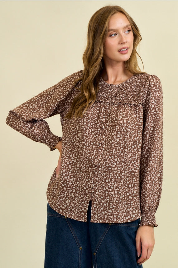 Mocha Floral Smocked Top