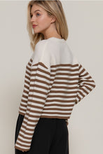 Load image into Gallery viewer, Mocha Stripe Pearl Bow Sweater
