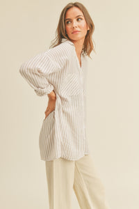 Beige Striped Button Up Top