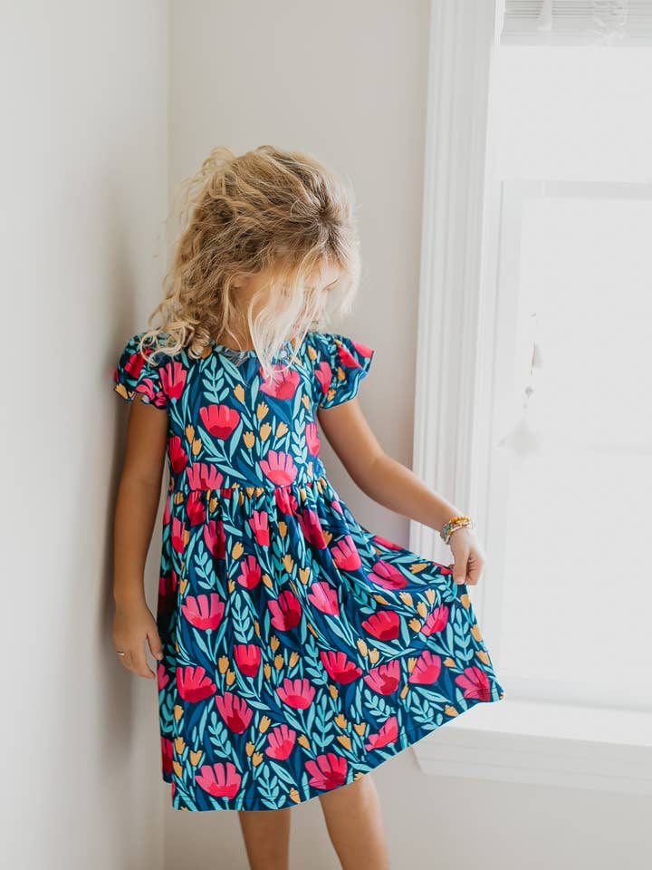 Navy + Magenta Floral Dress - Kids