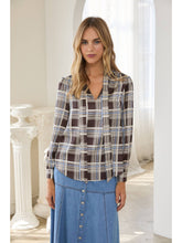 Load image into Gallery viewer, Brown + Blue Plaid Tie Neck Top
