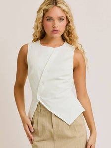 White Asymmetric Button Top