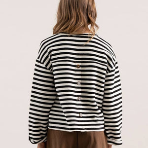 B+W Striped Button Back Top