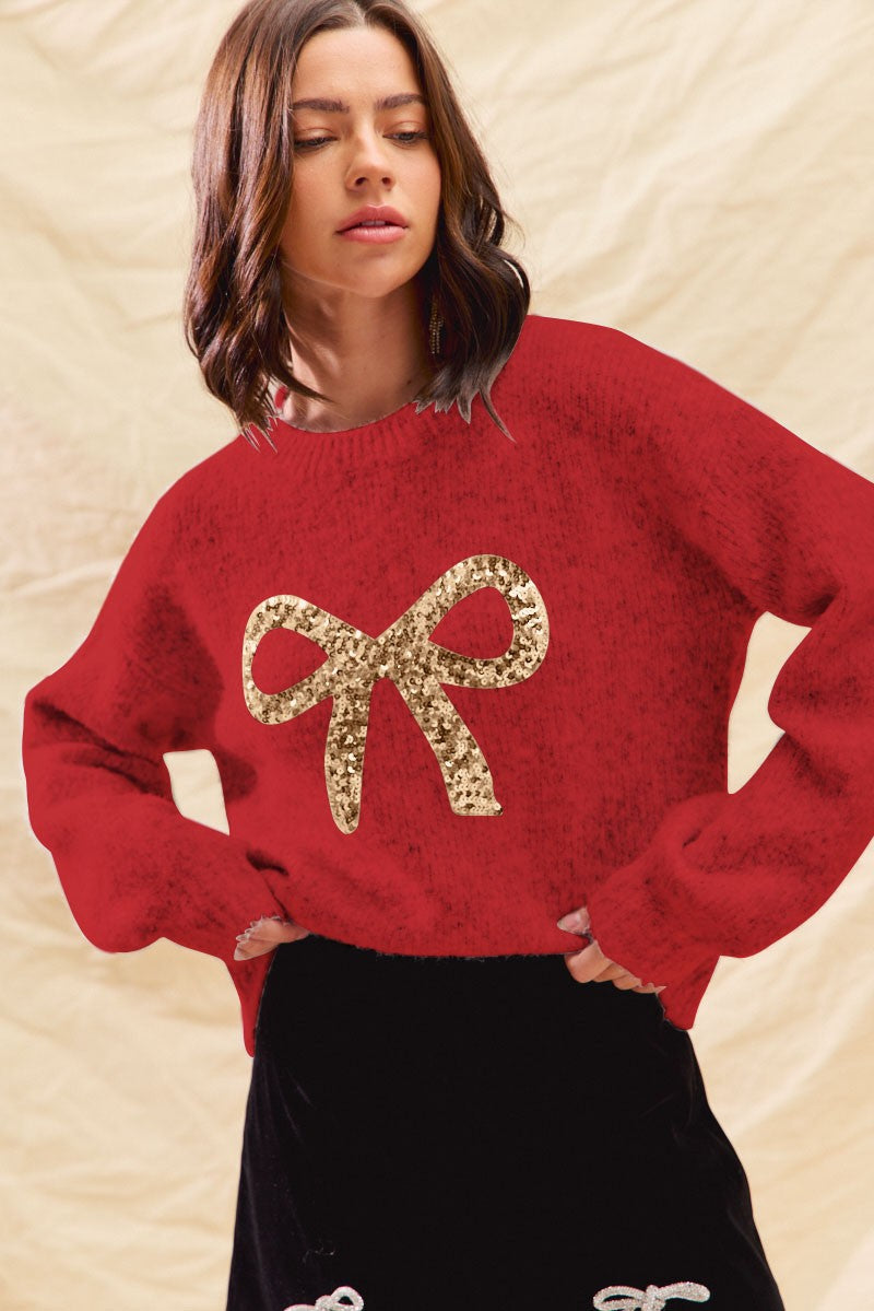 Red + Gold Sequin Bow Sweater