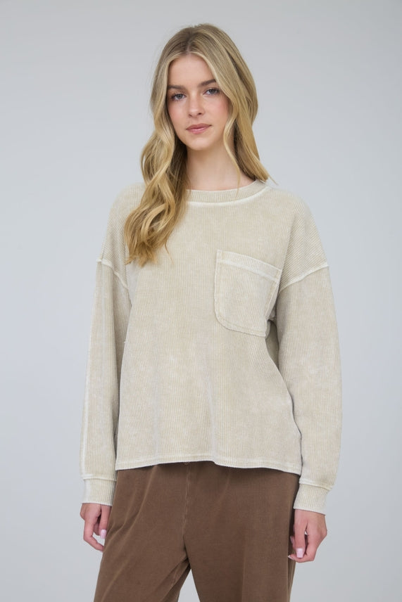 Khaki Washed Ribbed Pocket Pullover
