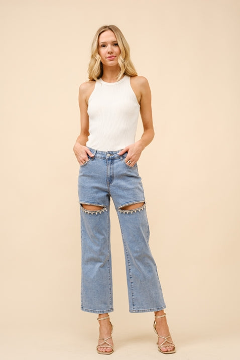 Crystal Front Slit Jeans